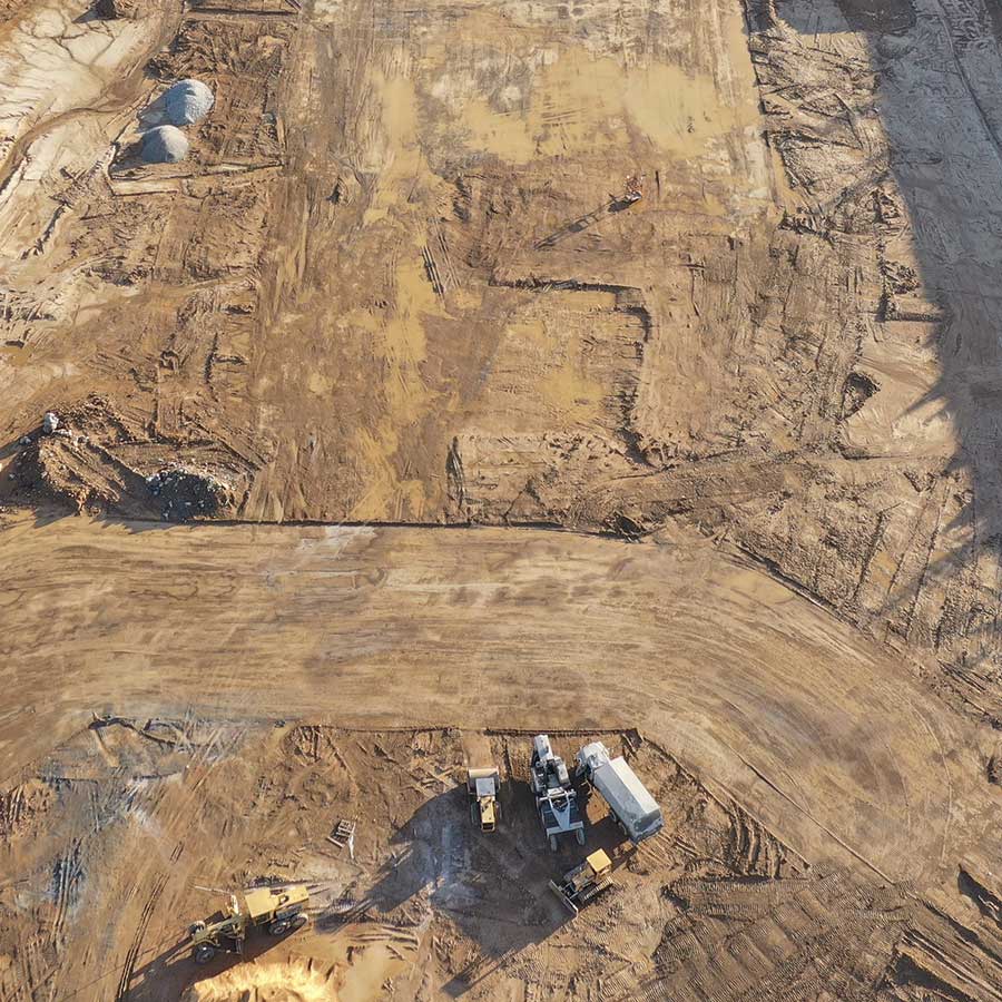 Drone shot of construction at The Farms at Bailey Station