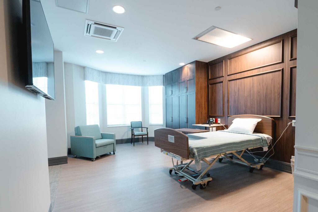Also featured in the patient suites ate adjustable beds and wall-mounted televisions