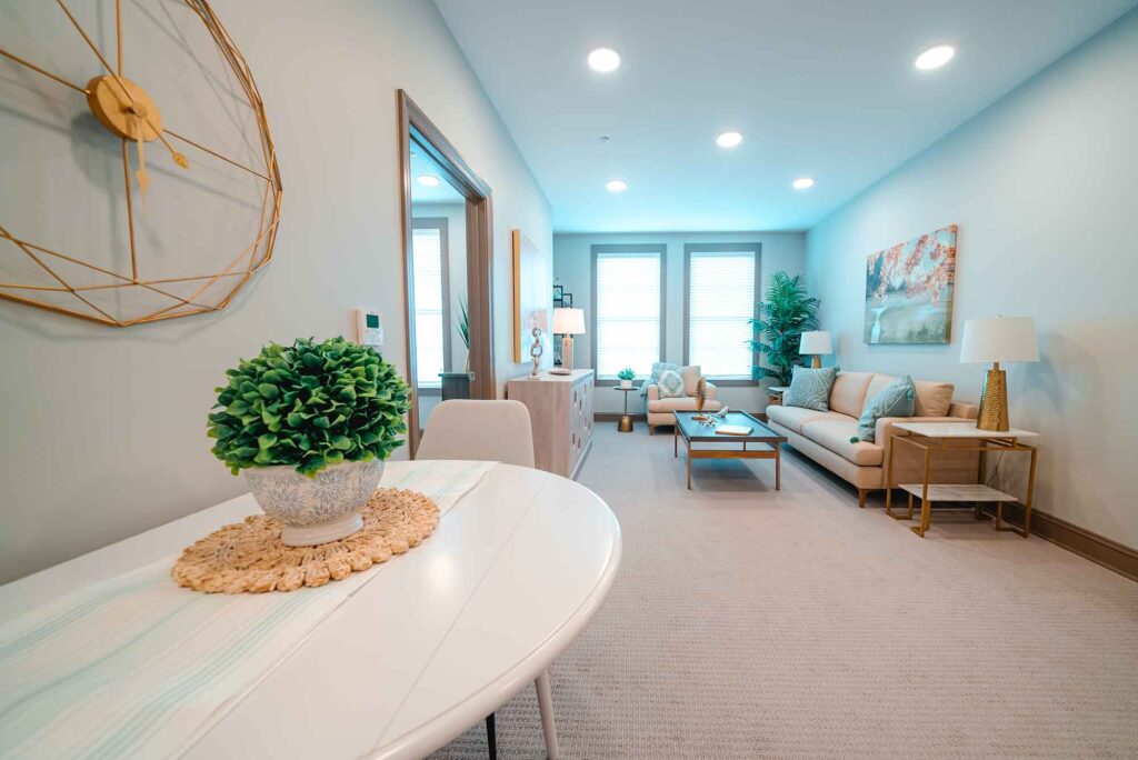 An interior view of the Assisted Living private living area, featuring modern farmhouse furniture
